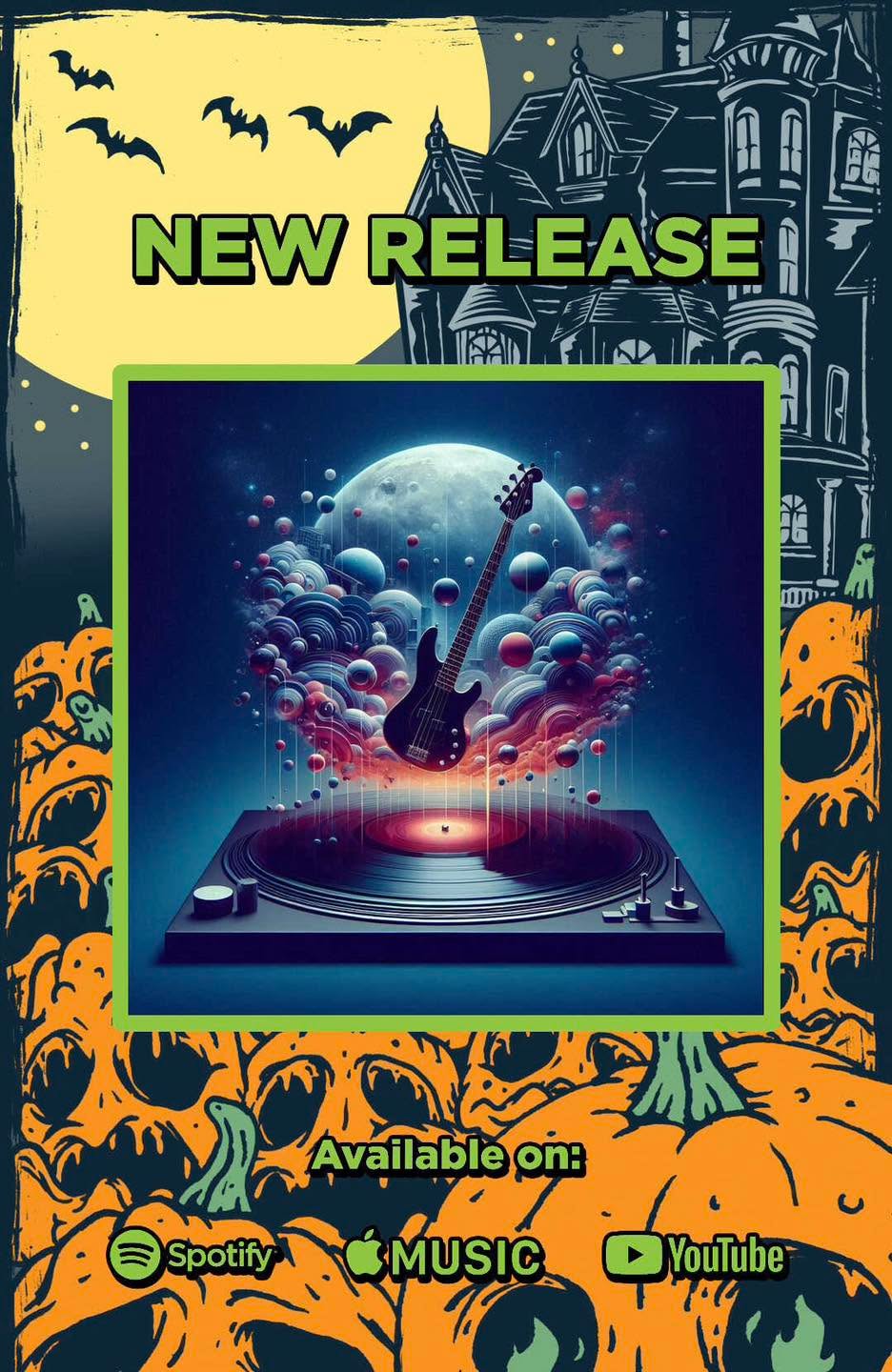 Halloween-themed artwork for the Bass Talks release, with pumpkins, bats and a bass guitar above a turntable